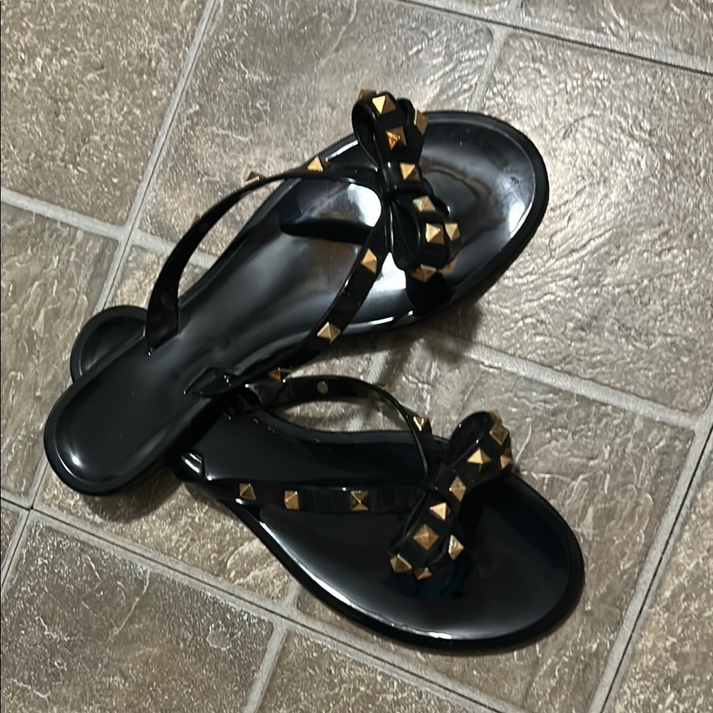 Black and Gold Strappy Sandals with Studs